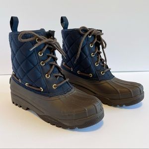 Navy and brown sperry duck boots